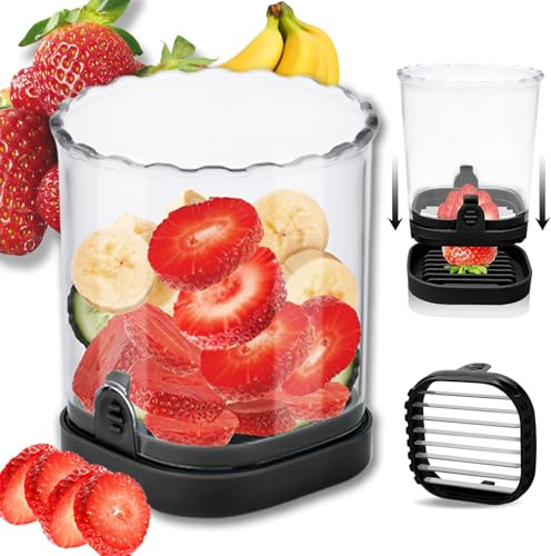 Hendiy Strawberry Slicer with Stainless Steel Blades | Egg & Fruit Slicer Cup for Banana, Cucumber, Mushroom | ABS Detachable Kitchen Gadget - Precision Berry Cutter Tool (Black, 1-Pack)