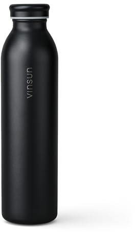 Vinsun Thermosflasche 600ml Schwarz - auslaufsicher, Kohlensäure geeignet | leichte Edelstahl Trinkflasche Heiß & Kalt - doppelwandig isoliert - Wasserflasche für Sport, Schule, Reisen, Büro