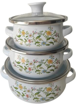 LOVIVER 3Pcs Enamel Stockpot with Lid Enamel Mini Stew Pot Soup Basins Set, Ceramic Coated Stockpot, Vintage with Handles Soup Pots Flat Bottom Cooking Pots for Home Restaurant, 12 14 16CM, Flower