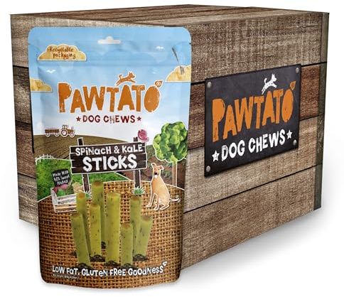Pawtato Zoccoli vegani per cani, spinaci e cavoli ricci (6 x 120 g), cibo vegetariano per cani con patate dolci e riso, con rivestimento per spinaci e cavoli, per addestrare la ricompensa, bastoncini