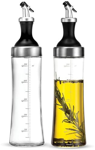 Ceciliec Olive Oil Dispenser Bottle, 2 Pcs Glass Olive and Vinegar Dispenser Set with 2 Stainless Steel Pourers, 17 Oz Glass Oil Bottle for Kitchen (500ml)