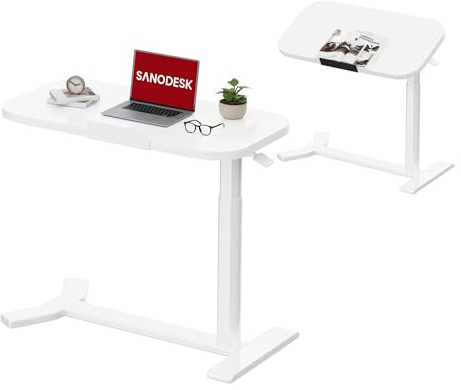 SANODESK Standing Desk Adjustable Overbed Table Pneumatic Standing Desk with Locking Casters, Mobile Laptop Cart for Bed, Sofa, Hospital & Home Office (White Frame+White Top)