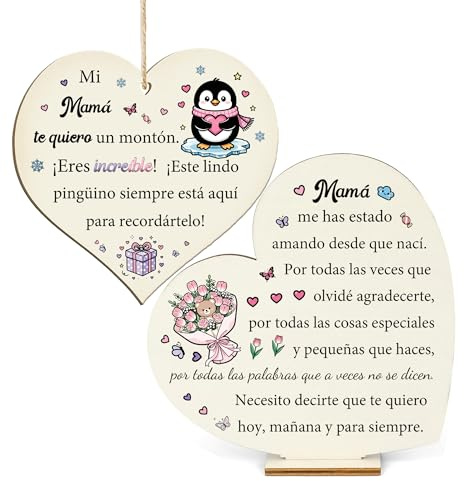 Regalos Pingüino Mamá Madrina Tía Cumpleaños Día Madre Cartel de Madera Adorno Juego de 2 Piezas Papá Abuelo Padre Placas de Corazón Hombres Mujeres Esposa Esposo Navidad Maestro Presentes (Mamá)