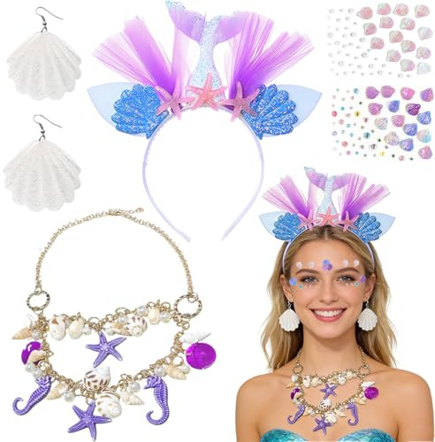 QIMMU 4 Stück Meerjungfrau Kostüm,Meerjungfrau Haarreif,Meerjungfrau Accessoires,Karneval Kostüm Damen,Meerjungfrauen Schmuck,Haarreif, Gesichtstattoo,Perlenkette,Muschelohrringe,Für Damen Karneval