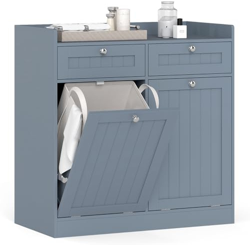 COSTWAY Laundry Cabinet, Tilt Out Laundry Hamper Bathroom Storage Cabinet with Drawer & Removable Liner Bag, Freestanding Wooden Dirty Clothes Basket Chest Organiser Unit (2 Drawers+2 Baskets, Grey)