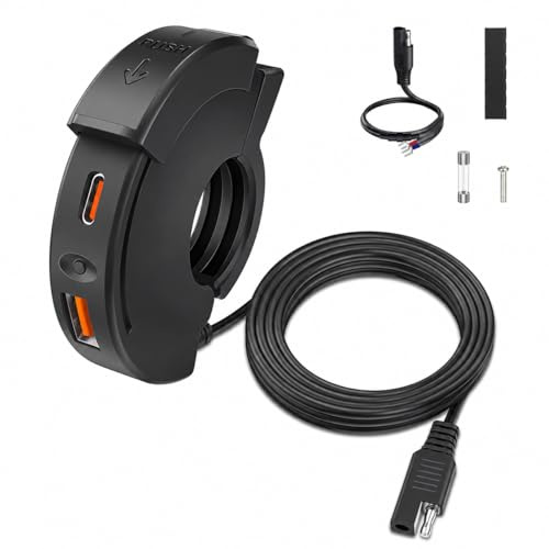 Motorcycle USB Charger Dual Port – 30W Type-C PD + 18W USB-A QC3.0, Ultra-Slim Waterproof Fast Charger for Smartphones, Tablets, GPS – SAE Adapter for 12V-24V Motorcycles, ATVs, UTVs & Boats