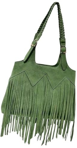 Zymjzbetic Fransväska, retro tofs, crossbody-väska för kvinnor, enfärgad, med dragkedja, stor avslappnad mångsidig messengerväska för kvinnor, Färg: grön, Taille unique