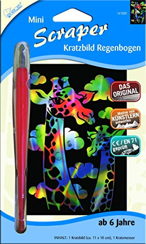 Mammut 141001 Kratzbild Motiv Giraffe, Komplettset mit Kratzmesser und Übungsblatt, Mini Scraper, Scratch, Kritzelbild, Kratzset für Kinder ab 8 Jahre, Regenbogen
