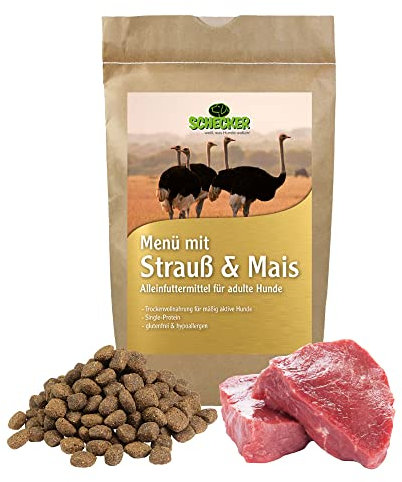Hypoallergenes Hundefutter glutenfrei mit Strauß – Single-Protein Trockenfutter für ausgewachsene Hunde – leicht verdaulich, ohne Weizen & Soja – Menü mit Reis & Mais, 8,5 % Fett, 12 kg
