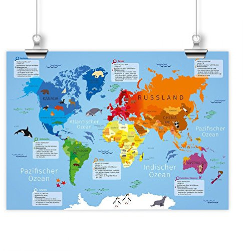 nikima Kunskapsaffisch för barn, världskarta i 3 storlekar A3/A2/A1, affisch för förskola och skola, skolstart, inskolning, barnrum, dekoration, väggbild