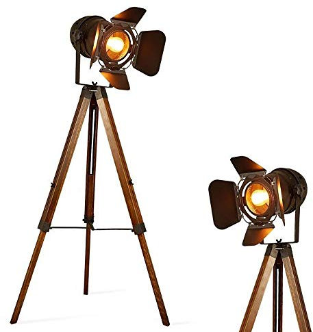 Barcelona LED Vintage Stehleuchte Tripod Stehlampe Deckenfluter im Cinema Stil, mit Dreifuß aus Holz Stativ Holz, Studiolampe, Studioleuchte, Wohnzimmerlampe, Wohnzimmerleuchte, LV 234