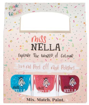 Miss Nella WINTER GLITTERS SPECIAL Nagellack 3er Set: Rosa, Blau und Bordeaux, abziehbarer Nagellack speziell für Kinder, Peel-Off, ungiftig, wasserbasiert geruchsneutral