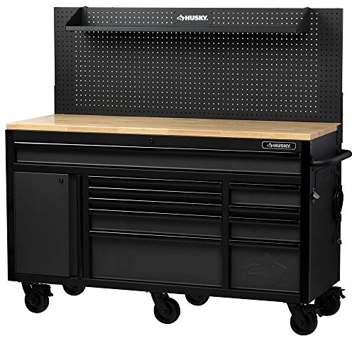 Husky 61 in. W 23 in. D 10-Drawer 1-Door Mobile Workbench with Solid Wood Top and Flip-Up Pegboard in Textured Black