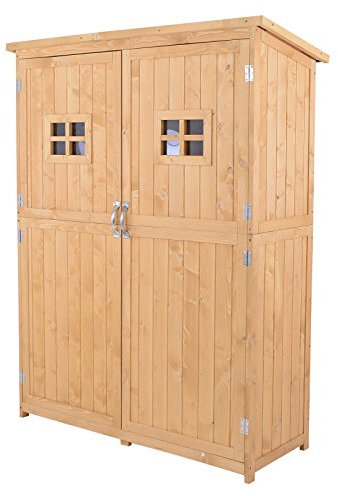 Outsunny Wooden Garden Shed with Two Windows, Tool Storage Cabinet, Outdoor Double Door Organizer 127.5L x 50W x 164H cm, Natural