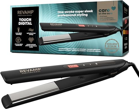 REVAMP Progloss Touch Digital Plancha de Pelo con Placas de Cerámica – Alisadora y Moldeadora de Cabello para Alisado y Rizado, Control Táctil del Calor, Iónes Negativos, Cable Giratorio de 3m