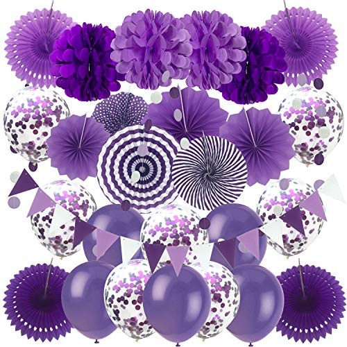 ZERODECO Party Dekoration, Violett Konfetti Ballons Papier Pompoms Aufhängen Fächer Dreieckige Wimpel und hängende Girlande Partyzubehör Sets für Hochzeit Babyparty Kinderzimmer Geburtstag Party