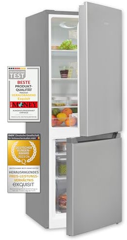 Exquisit® Frigorífico Combi, 175L, Clase E, Color Plateado, Cajón Verdulero, Estantes de Cristal, Altura Regulable, Tiradores Integrados, Luz LED, Consumo 195 kWh/año, Medidas 143,5x49x56,5 Cm.