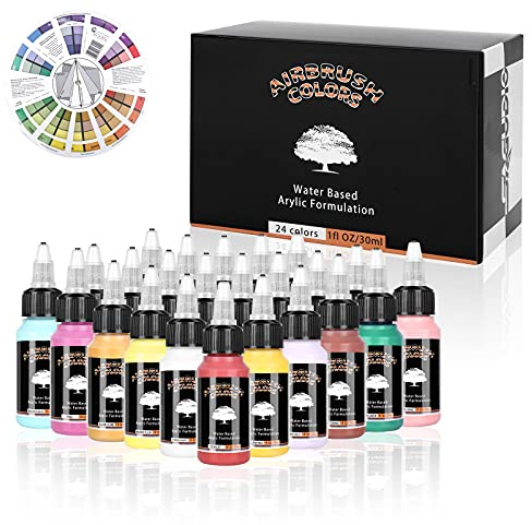 SAGUDIO Airbrush Acrylic Paint 24 x 30ml Basic Colors with Color Wheel Ready to Spray Water Based Painting for Models, Shoes, Leather, Wall and Glass