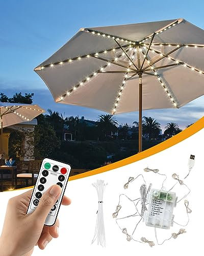 Gaoni Parasol Lights, 8 Modes Patio Umbrella Light With 104 LEDs, Waterproof Battery Powered or USB Port, Dimmable With Timer Remote Control for Outdoor Garden Decor (Warm White)