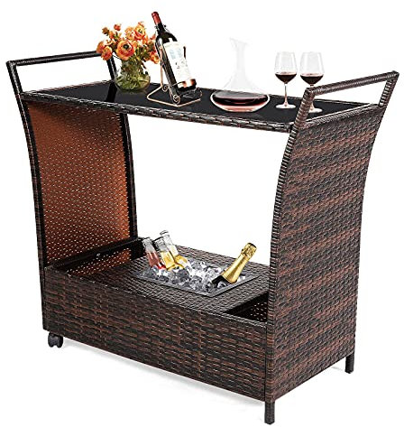 CHUSSTANG Patio Bar Cart Serving Trolley Cart on Wheels Bistro Storage Serving Trolleys with Removable Ice Bucket, Bar Table with Glass Top for Home Kitchen Bistro Garden