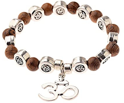 EXINOX Perlenarmband aus Naturholz | Meditation | Gebet | Yoga | Om-Anhänger | Mann Frau |..