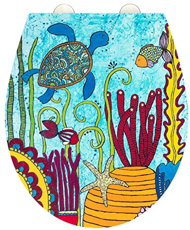 WENKO WC-Sitz Under Water, bunter Rollin'Art Toilettensitz, Relief Oberfläche, hygienische Schnellbefestigung aus Edelstahl & Easy-Close Absenkautomatik, aus antibakteriellem Duroplast, 38 x 44,5 cm