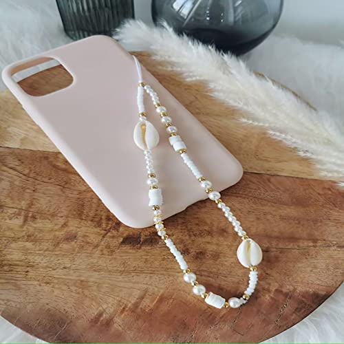Handykette Perlen Handyanhänger, Böhmische Handy Charm Kette Perlen Phone Chain Beads Handy Lanyard Muschel Handgelenk Handykette Telefon Charm Strap Schlüsselband für Frauen Mädchen Handyschmuck
