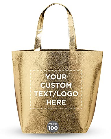 DISCOUNT PROMOS Custom New Castle Non-woven Metallic Tote Bags Set of 100, Personalized Bulk Pack - Cool Modern Design, Perfect For Everyday Use - Gold