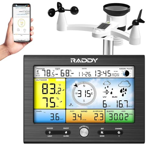 Raddy WF-100SE Weather Station Wireless Indoor Outdoor with Temperature, Barometric, Humidity, Wind Gauge, Rain Gauge, Weather Forecast, Moon Phase, Alarm Clock for Home, Garden