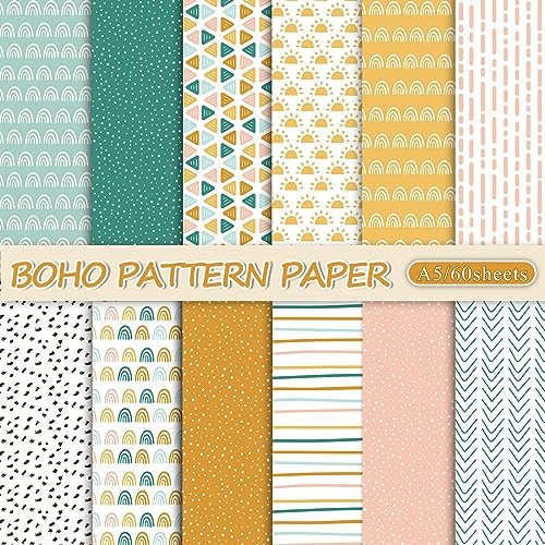 Whaline 60 Stück Boho-Muster Papier A5 Regenbogen Punkt Streifen Scrapbook Spezialpapier Doppelseitiges dekoratives Bastelpapier für DIY Kunst Handwerk Kartenherstellung Fotoalbum Journal Dekoration