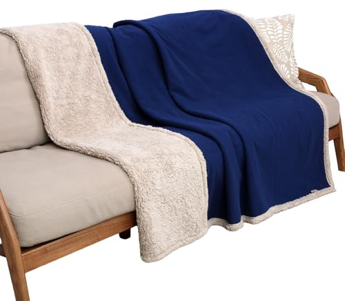 Pawsee wasserdichte Decke für Hunde, Pet Pee Proof Fleece, Sherpa, Throw, Decke für Sofa, Bett, Schutz, waschbar, wendbar, Möbelschutz, 203 x 152 cm, Marineblau, Taupe