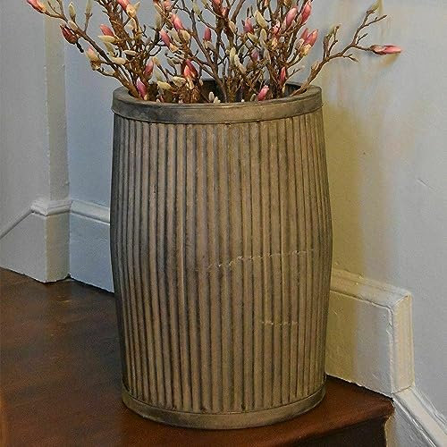 Small Grey Zinc Dolly Tub, Large Rustic Planter Plant Pot Ribbed Metal Drum Barrel