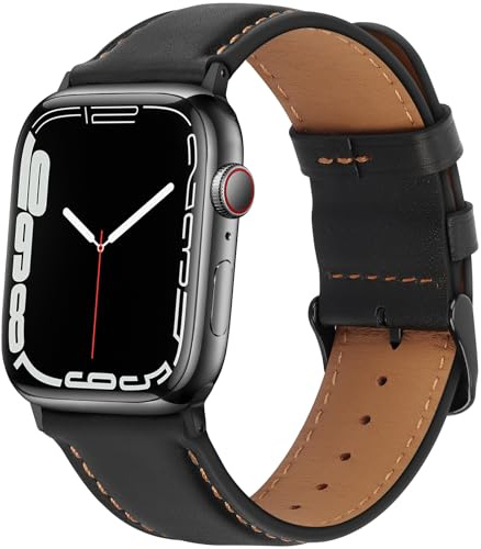 HITZEE Leather Straps Compatible with Apple Watch Strap 49mm 46mm 45mm 44mm 42mm for Women Men, Genuine Leather Band Compatible with Apple Watch Ultra 2 SE2 SE Series 10 9 8 7 6 5 4 3 2 1, Black