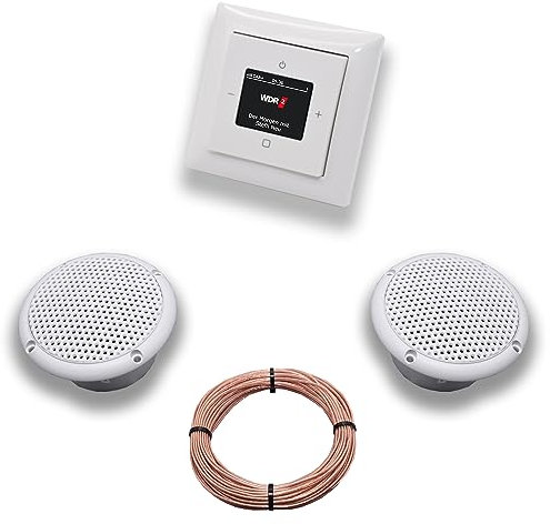 Busch Jäger DAB+ (DAB PLUS) Unterputz Radio 8215U-101 Balance SI Alpinweiß, Komplett-Set mit 2 x Decken Feuchtraumlautsprecher/Badezimmer + 20 m Lautsprecherkabel 2x0,75 mm2 8215 U - 101