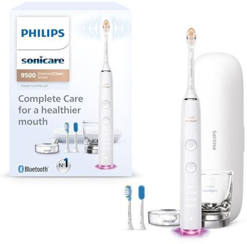Philips Sonicare DiamondClean Smart 9500 Electric Toothbrush, Sonic Toothbrush with App, Pressure Sensor, Brush Head Detection, 5 Brushing Modes and 3 Intensity Levels, White, Model HX9923/01