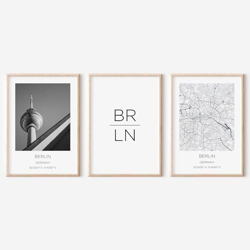 ZoeyAustin® 3er Poster Set, City Poster, Stadt Poster DIN A3 (30cm x 42cm), Minamalist Modern Wanddeko, Wohnzimmer Schlafzimmer Deko, Schwarz-Weiß (Berlin)