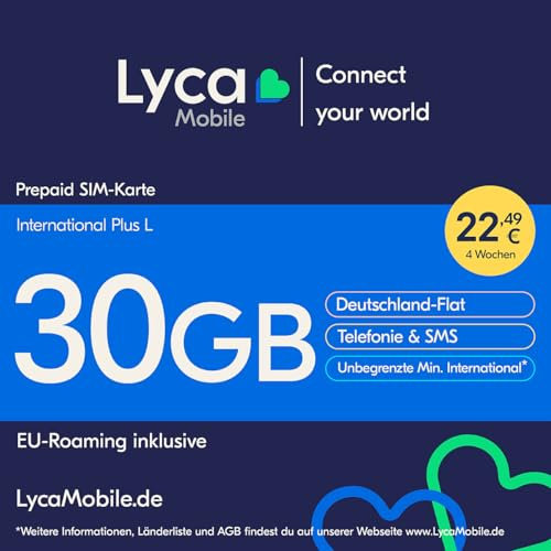 Lyca Mobile International Plus L Prepaid Smartphone SIM Karte ohne Vertrag inkl. 30 GB Datenvolumen