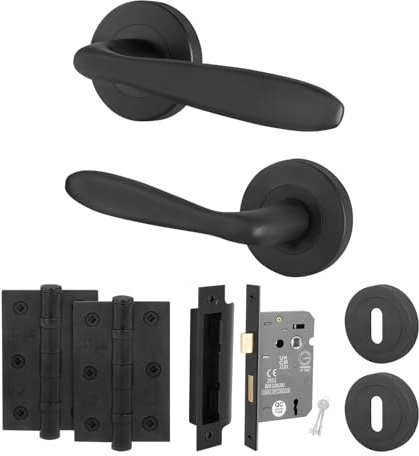 EAI Matt Black Door Handles with Sash Lock 64mm, Hinges - Sarno | Complete Key Lock Kit with 1 Pair of Round Rose Door Handles, 64mm Sashlock, 76mm Hinges and Escutcheons, Fixings Included