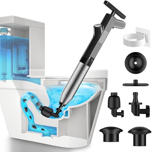 TheElves WC Saugglocke Pro – Ultra Power Luftdruck-Ablaster mit 5 Kolbenköpfen & Wandhaken – robuster Edelstahl für verstopfte Waschbecken, Dusche, Badewanne, Bodenablauf