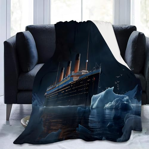 Nachtansicht Der Titanic Kuscheldecke Schwarz Flauschig Decke Fleecedecke, Sofa Überwurfdecke, Wohndecke Warm Weich Sherpa Wolldecke, Gemütlicher Überwurf Für Bett und Couch 130x150 cm