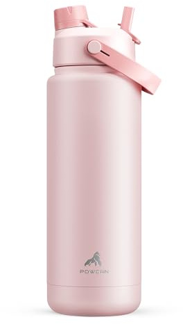 POWCAN 32 oz Insulated Water Bottle with 2-in-1 Straw and Spout Lid, Keep Cold 24H, Leak-Proof, BPA-Free, Double Wall Stainless Steel Water Bottle for Sports, Gym, Travel, and School (Cotton Candy)