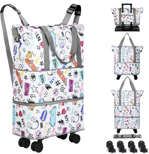 VOOWO Rolling Duffel Bag with Wheels - Foldable Expandable Duffle Bag with Wheels for Travel, Rolling Luggage Bag Carry On Bag with Wheel, Large Rolling Backpack Weekend Bag for Men Women (White)