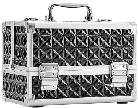 Leeora&Leekoo Smink tågfodral kosmetisk låda bärbar makeupfodral organiserare 2 brickor sminkförvaring med spegel för kosmetolog estetiska tillbehör spik teknik resa makeupbox, Svart, Enkel