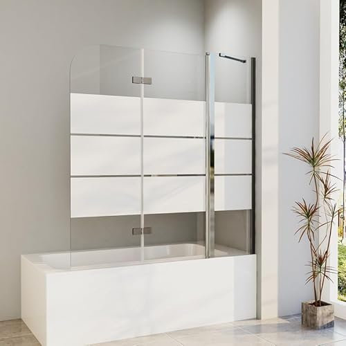 Duschwand für Badewanne 160x140cm 3-Teilig Faltbar Duschabtrennung, Gestreift Faltwand mit Seitenwand Badewannenaufsatz mit 6mm ESG Sicherheitsglas, Badewannenfaltwand Faltbar 180° Duschtrennwand