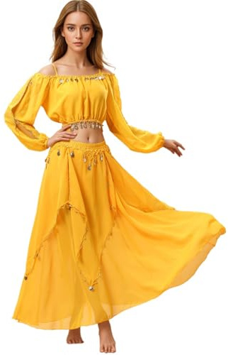 Baisdan Costume da Danza del Ventre Donna, Top Crop con Monete e Chiffon Gonna da Danza del Ventre per Halloween, Spettacoli, Carnevale e Feste a Tema