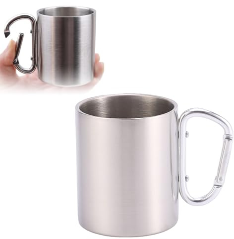 Doukesh 220ML Tasse Camping en Acier Inoxydable Gobelet Inox avec Poignée à Mousqueton Tasse Inox Vaisselle Camping pour Voyage Camping Randonnée Sports de Plein Air Cadeaux Créatifs