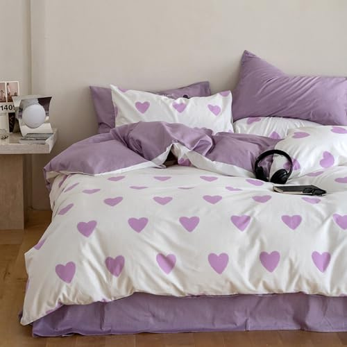 Covebett Herz Bettwäsche 135x200 Weiß mit Lila Herzen Muster Romantisch Weiche Mikrofaser Bettbezug Herzchen Aesthetic Wendebettwäsche Set 2 Teilig mit Reißverschluss und Kissenbezüge 80x80 cm