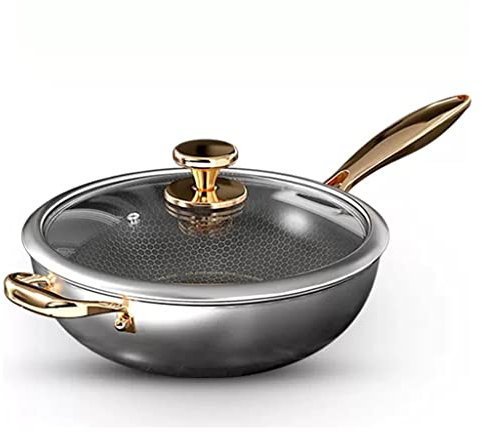 Antibakterielle Edelstahl-Wok-Pfanne für elektrische, Induktionsöfen, Deckel, Nicht stacher Kratzfeste Bratpfanne mit doppelter Goldgriff, Wabenstruktur, große Tiefe Bratpfanne