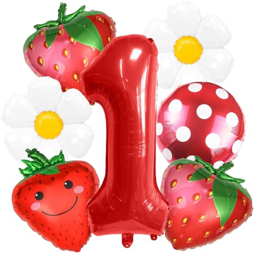 YGCHEN Ballon Fraise Anniversaire 1 An Décoration de Fête Marguerite Foil Ballon Numéro 1 Aluminium Ballons Baby Shower Décoration de Fête d'Anniversaire de Filles 7 Pièces