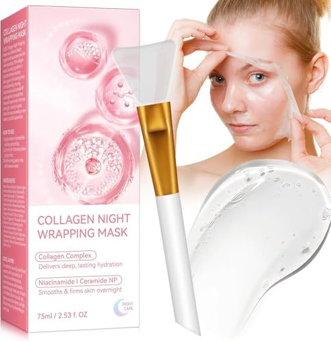 Collagen Night Wrapping Mask, Peel off Kollagen Maske für das Gesicht, Tiefe Hydratation, Reduziert Falten & Verbessert die Hautelastizität, Pinsel Inklusive, 75ml